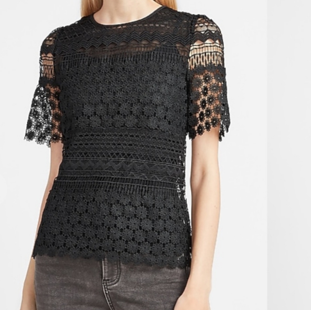 Express lace puff sleeve crew neck top - S
